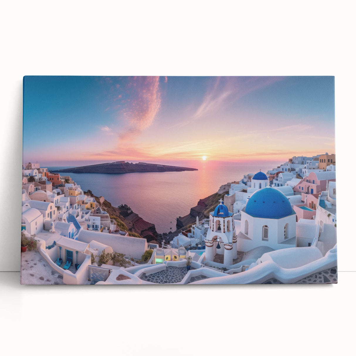 Black and white image of Santorini landscape on large stretched canvas, suitable for kitchen art.