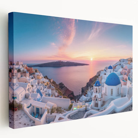 Large art print of Santorini scenery with vivid blue and white tones on stretched canvas, suitable for kitchen wall art.
