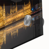 Large abstract wall art depicting a European scenery in mid-century modernist style on acrylic glass.