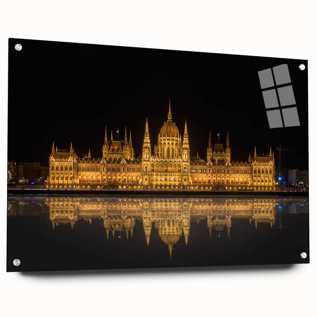 Acrylic print of a European cityscape with muted earth tones, ideal for dining room decor.