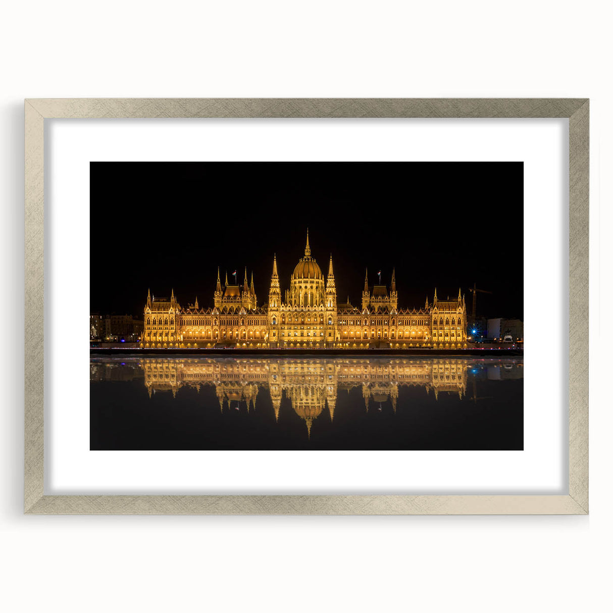 Extra large abstract art print of a European scenery in textured silver frame, ideal for living room decor.