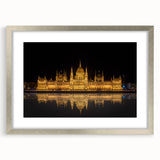 Extra large abstract art print of a European scenery in textured silver frame, ideal for living room decor.