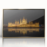 Art deco poster of a European scenery in Hungary, featuring muted gold and blue tones on acrylic.