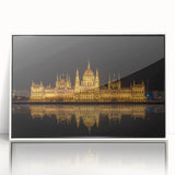 Mid-century modernist art of a European cityscape in muted colors on a framed acrylic, suitable for modern art wall decor.