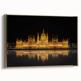 Framed canvas featuring a vintage-style landscape painting of a Hungarian scenery in muted gold and black tones.