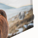 Large abstract wall art print of a European Icelandic landscape in muted blue and green tones on acrylic glass.