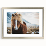 Extra large abstract art print of a textured Icelandic scenery in muted earth tones, framed in silver.