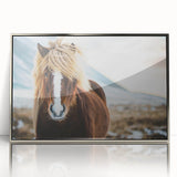 Large art print of a serene Icelandic landscape in muted earth tones, framed in silver acrylic.