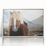 Mid-century modernist art depicting a serene Icelandic landscape in muted blue and green tones, framed acrylic.