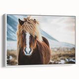 Vintage poster art of a European Iceland scenery, framed canvas with vibrant colorful details.