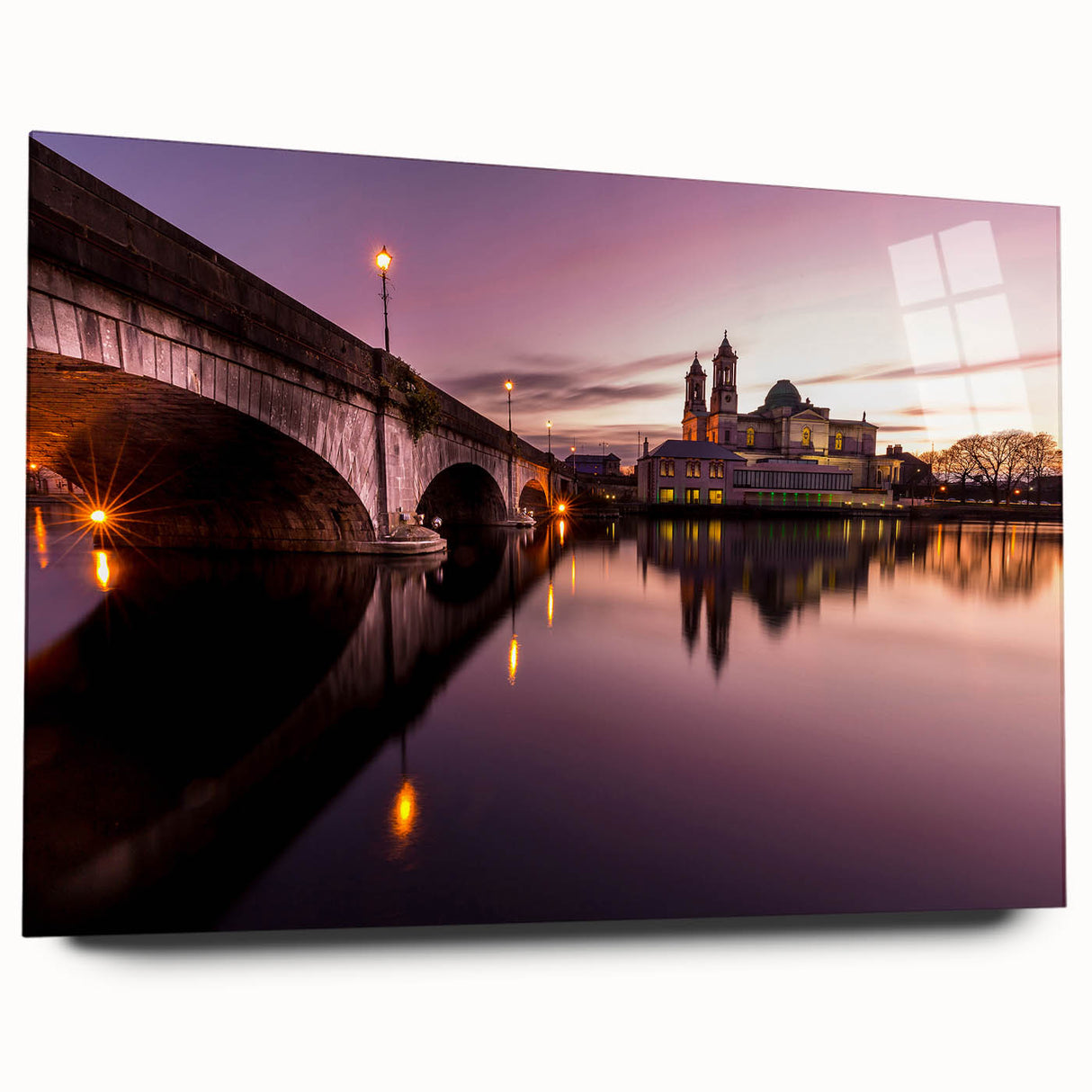 Acrylic print of a serene Irish landscape in muted green and blue tones, ideal for bedroom or dining room art.