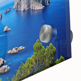 Large abstract wall art of Capri, Italy in mid-century modernist style on acrylic glass, ideal for dining room decor.