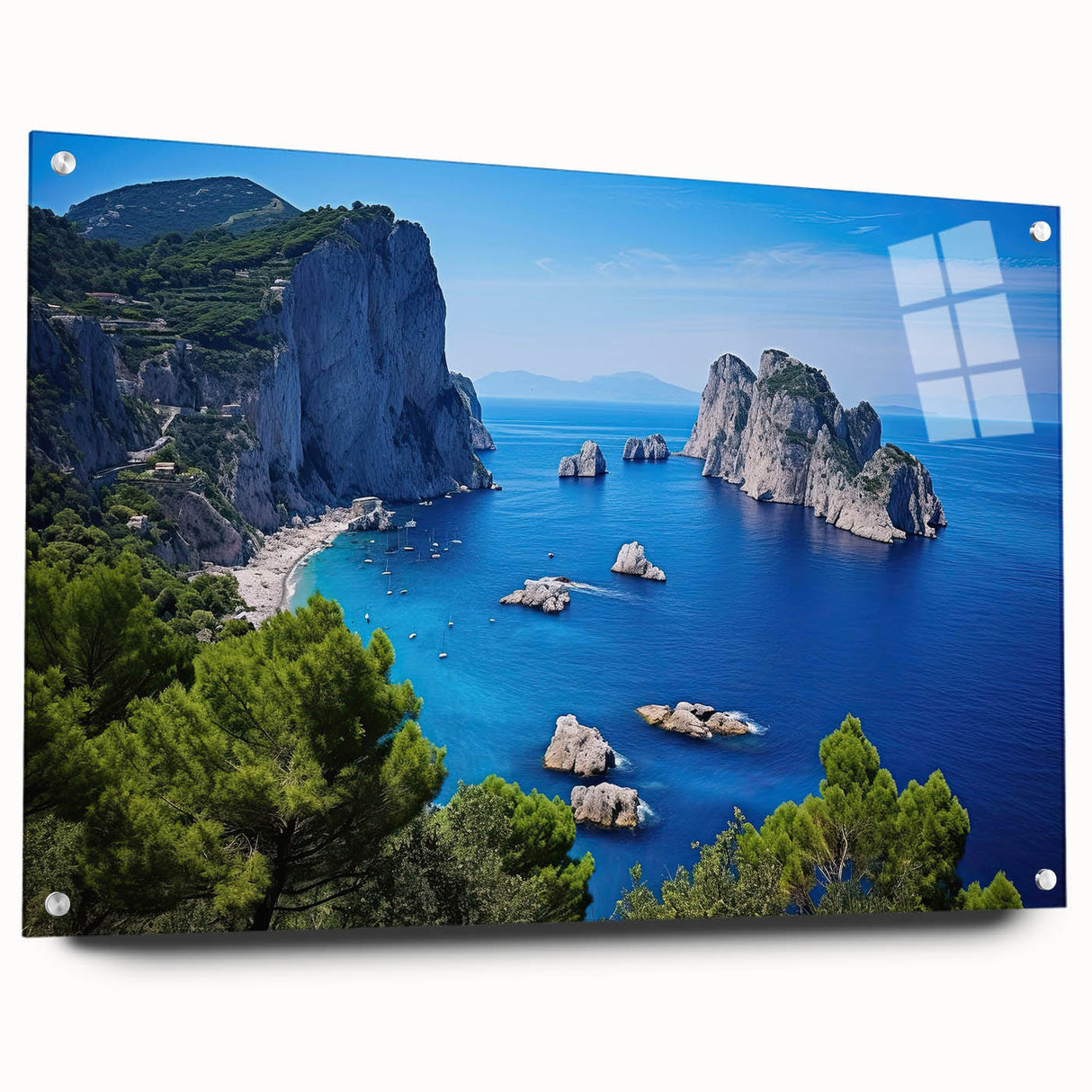 Acrylic print of Capri, Italy, featuring vibrant blue and green tones, ideal for dining room decor.