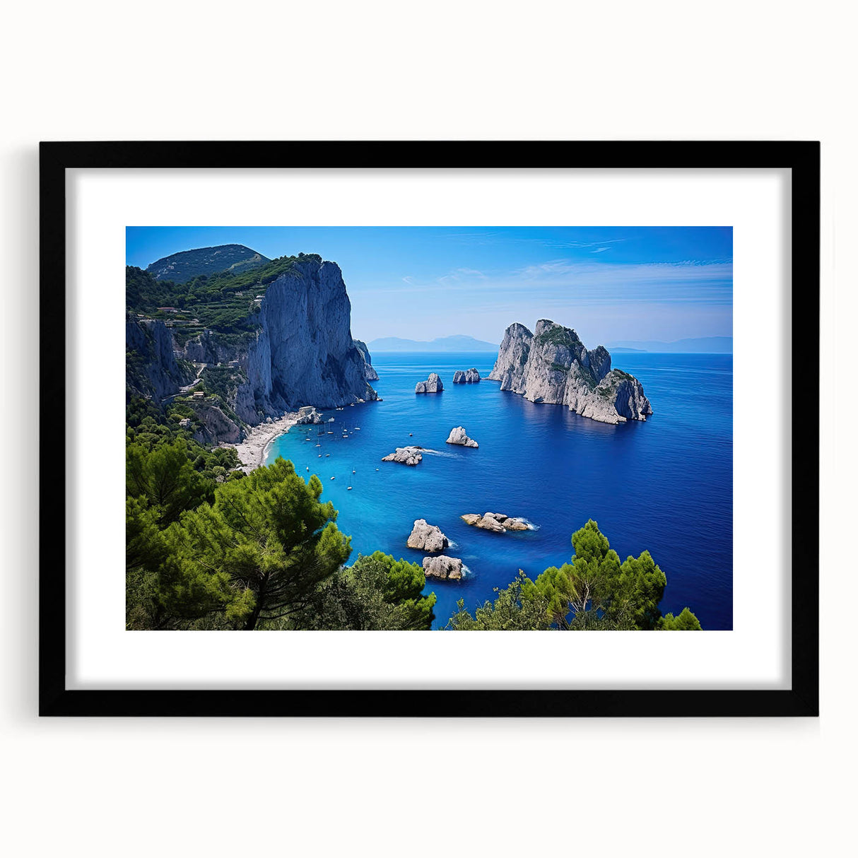 Colorful abstract art print of a European seaside, in vibrant shades, framed in black, ideal for living room decor.