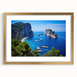 Abstract art print of Capri, Italy in gold frame, featuring muted earth tones, ideal for dining room decor.