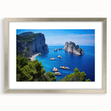 Extra large abstract art print of a European scenery in Capri, with textured shades of blue and white, framed in silver.