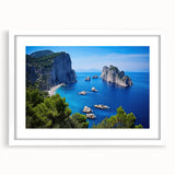 Textured abstract art print of Capri, Italy in muted blue and white tones on a framed canvas, suitable for bedroom decor.