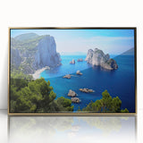 Art deco poster of Capri scenery in muted gold and blue tones, framed acrylic, ideal for modern art wall decor.