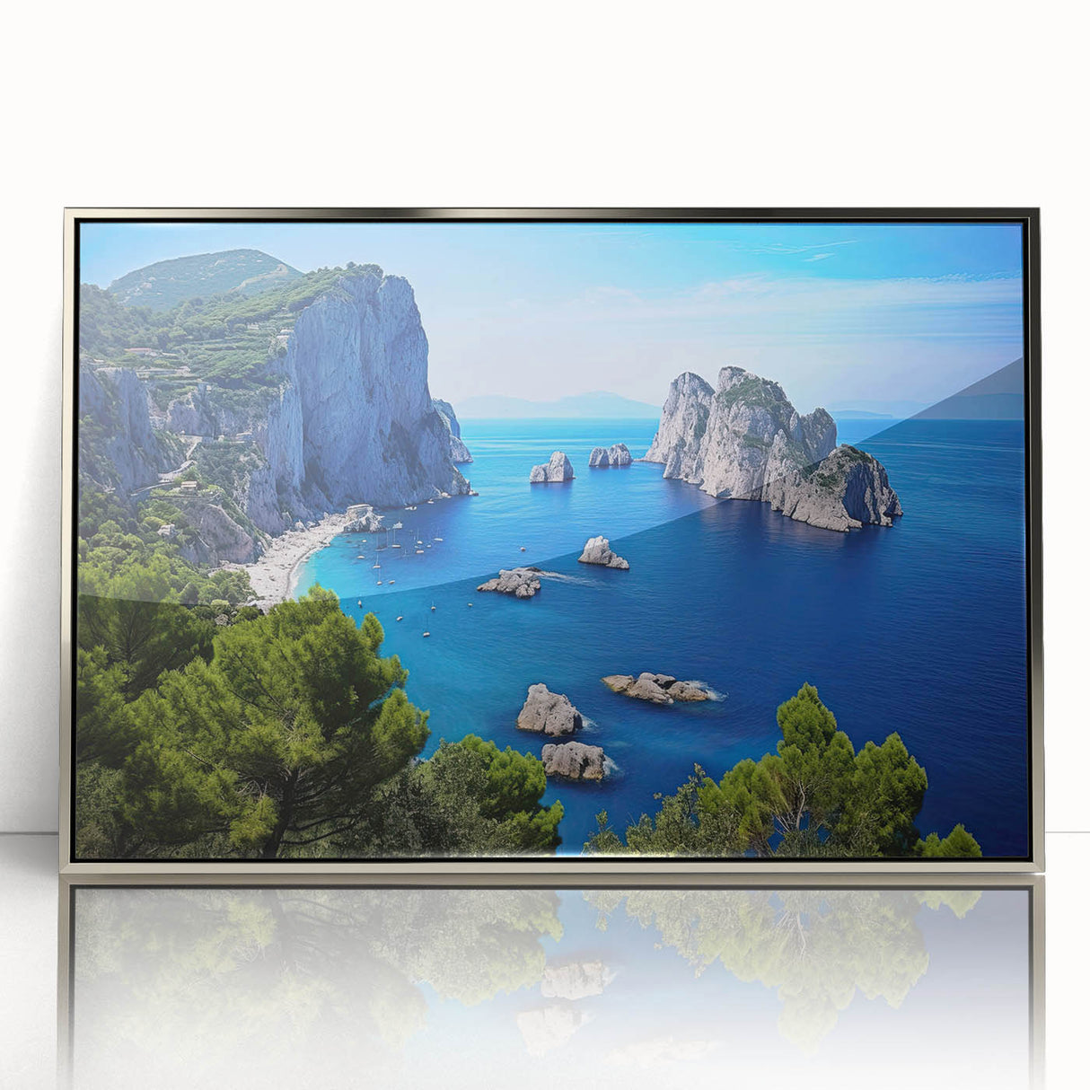 Large art print of Capri scenery in muted blue and green tones, framed in silver acrylic, suitable for modern art wall decor.