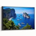 Black and white landscape art painting of Capri, Italy on framed canvas, ideal for bedroom wall decor.