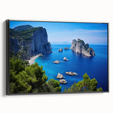 Black and white landscape art painting of Capri, Italy on framed canvas, ideal for bedroom wall decor.