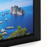 Extra large black wall art featuring a textured scene of Capri, Italy, with vibrant colors on framed canvas.