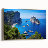 Landscape painting of Capri, Italy in muted earth tones on a framed canvas, ideal for bedroom wall art.