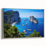 Framed canvas landscape art painting featuring a vintage Capri, Italy scene in vibrant colors with a black border.