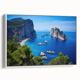 Vintage poster art of Capri, Italy, featuring vibrant colors on extra large framed canvas, ideal for living room decor.