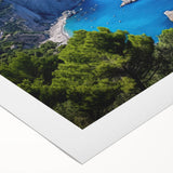 Art deco poster of Capri, Italy, featuring muted blue and beige tones on rolled canvas, suitable for dining room wall art.