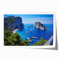 Rolled print of Capri, Italy scenery with lush florals and vibrant sea blues.