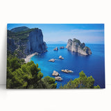 Black and white large art print of Capri's coastline on stretched canvas, ideal for kitchen wall art.