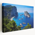 Large canvas print of the Capri coastline in Italy, featuring vivid blue ocean and sky tones, ideal for kitchen wall art.