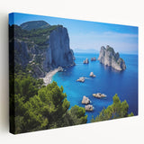 Large canvas print of the Capri coastline in Italy, featuring vivid blue ocean and sky tones, ideal for kitchen wall art.
