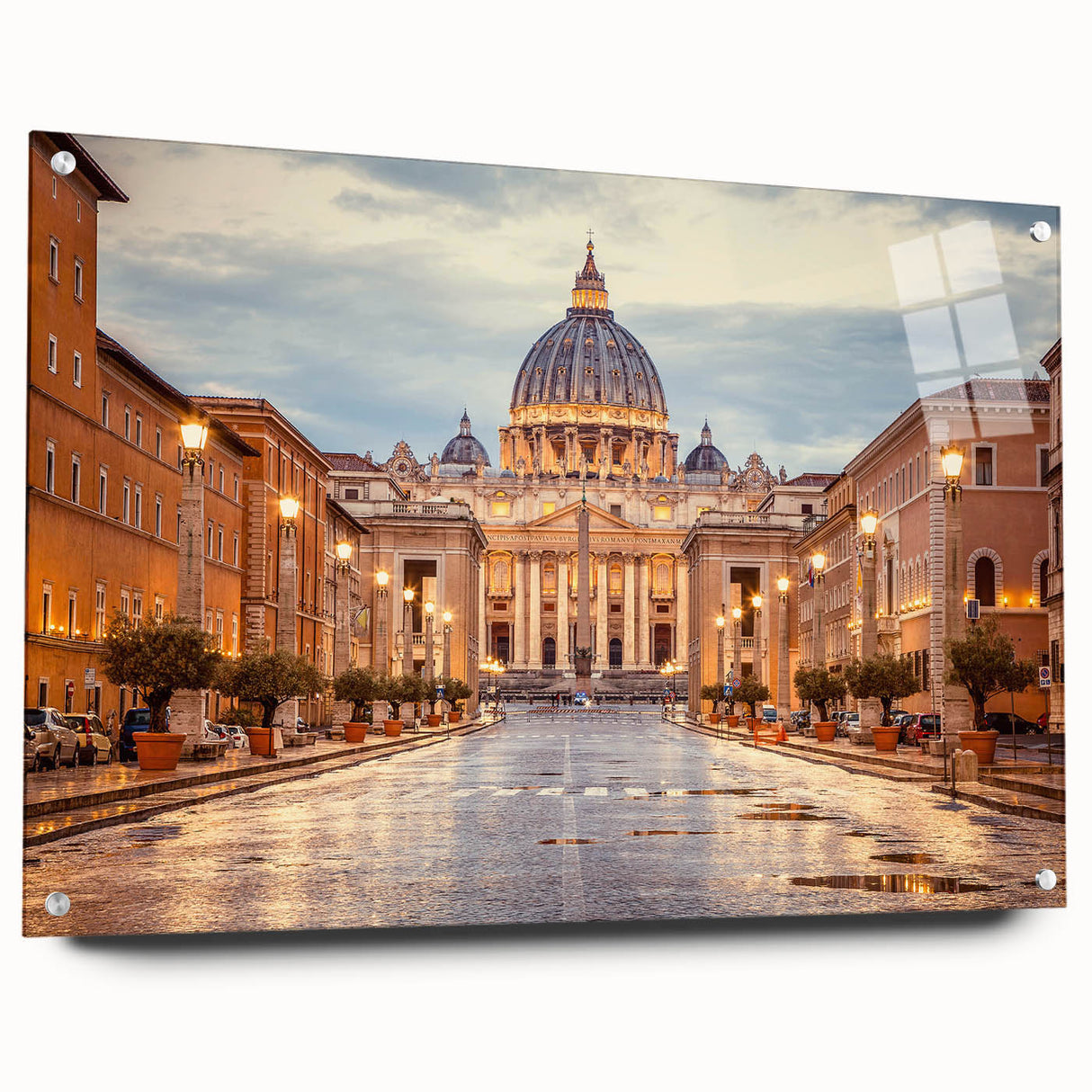 Acrylic print of a scenic Rome landscape in muted earth tones, ideal for dining room decor.
