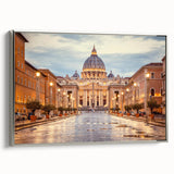 Framed canvas featuring a vintage-style landscape art painting of Rome with colorful art and black accents.
