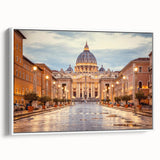 Vintage poster art of Rome with colorful, detailed imagery on a white framed canvas, ideal for living room decor.