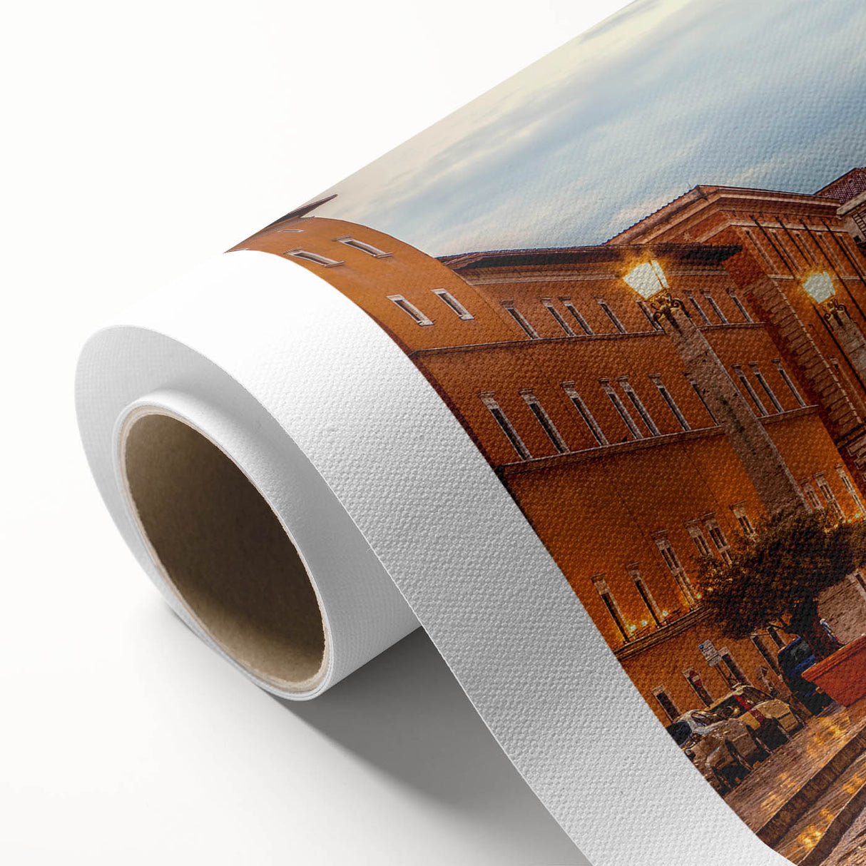 Art Deco poster of Rome with muted earth tones on rolled canvas, suitable as nursery wall art or for a dining room.