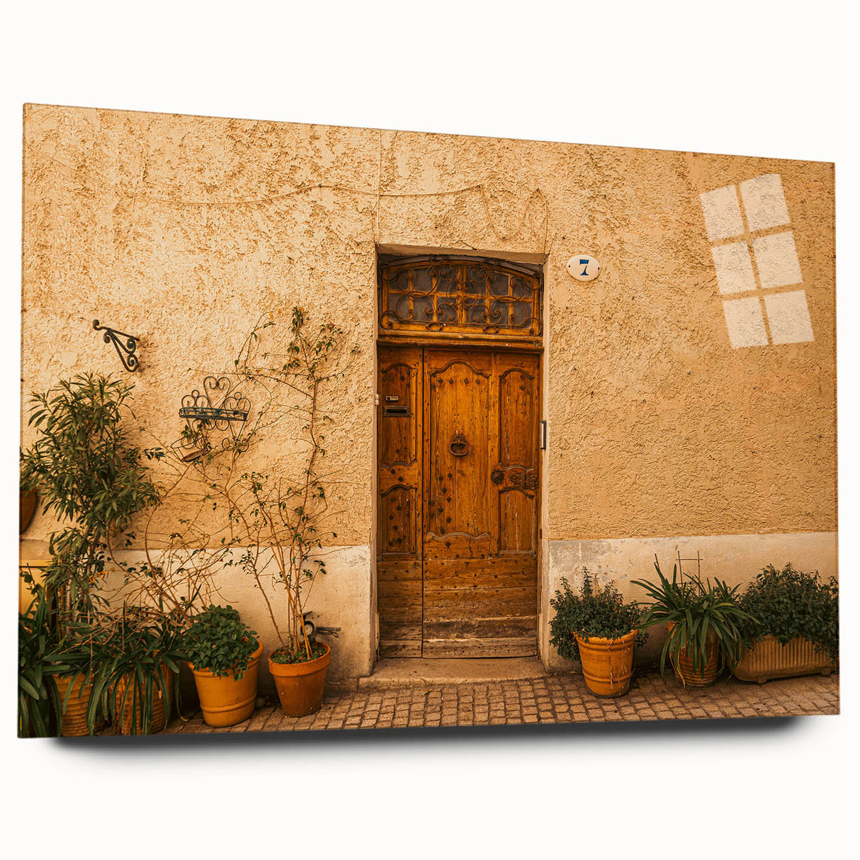 Acrylic print of a Tuscan landscape in soft earth tones, ideal for bedroom or dining room decor.