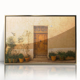 Acrylic print of a Tuscan landscape in soft, earthy tones, framed in gold, suitable for modern art wall decor or a nursery.