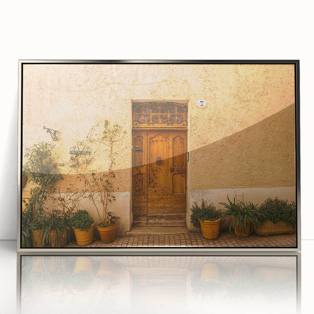 Framed acrylic print of a Tuscan landscape in soft earth tones, ideal for modern art wall decor.