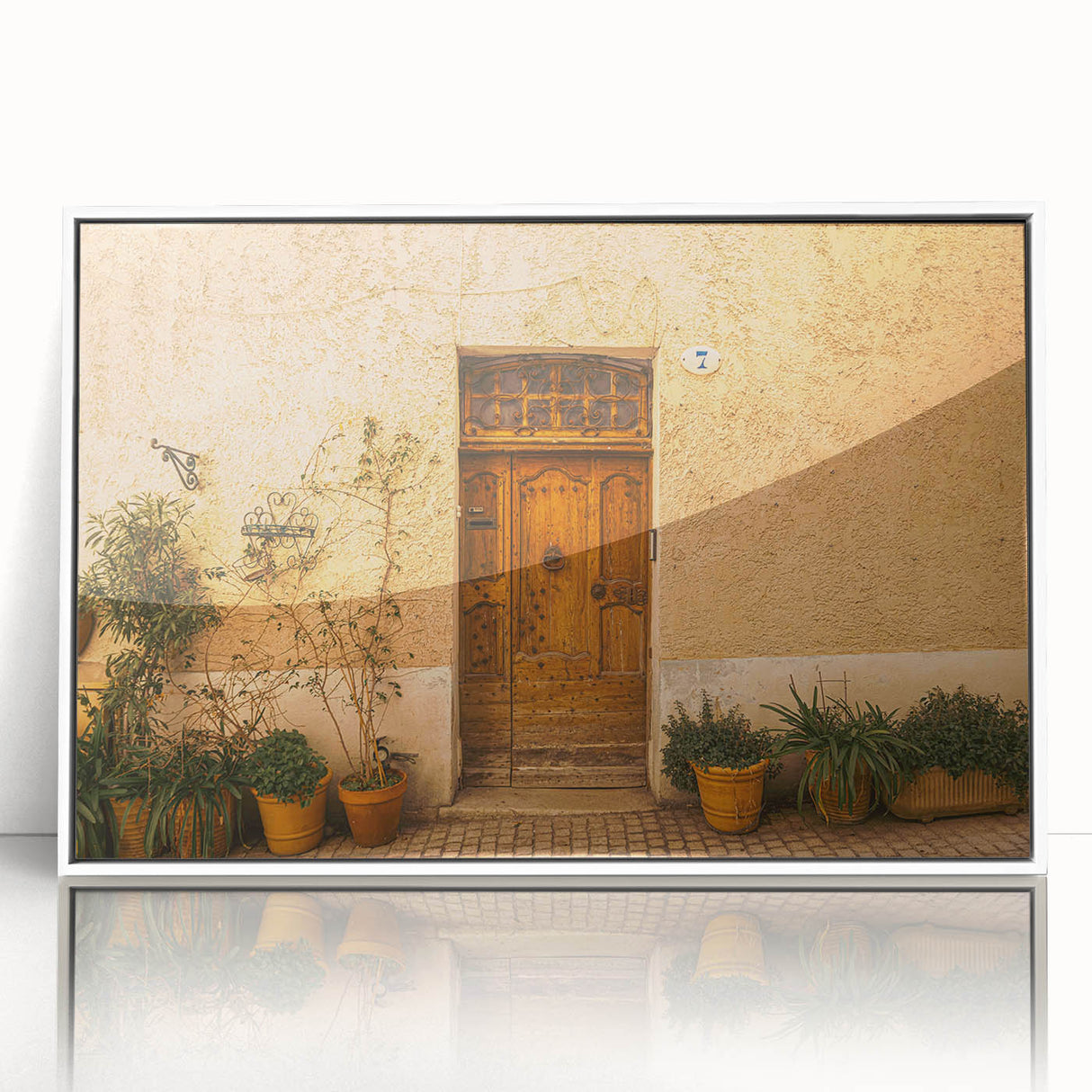 Mid-century modernist art depicting a serene Tuscan landscape in muted earth tones, framed acrylic.