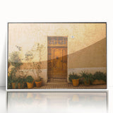 Mid-century modernist art depicting a serene Tuscan landscape in muted earth tones, framed acrylic.