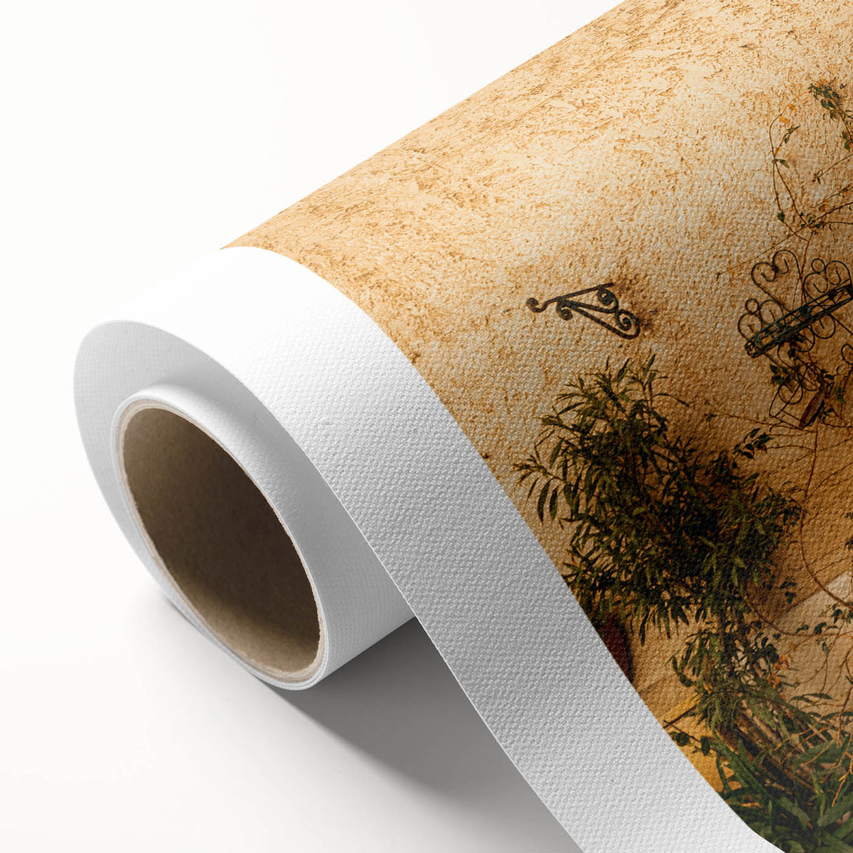 Art deco-style Tuscan landscape on rolled canvas, with muted earth tones, ideal for nursery wall art or dining room decor.