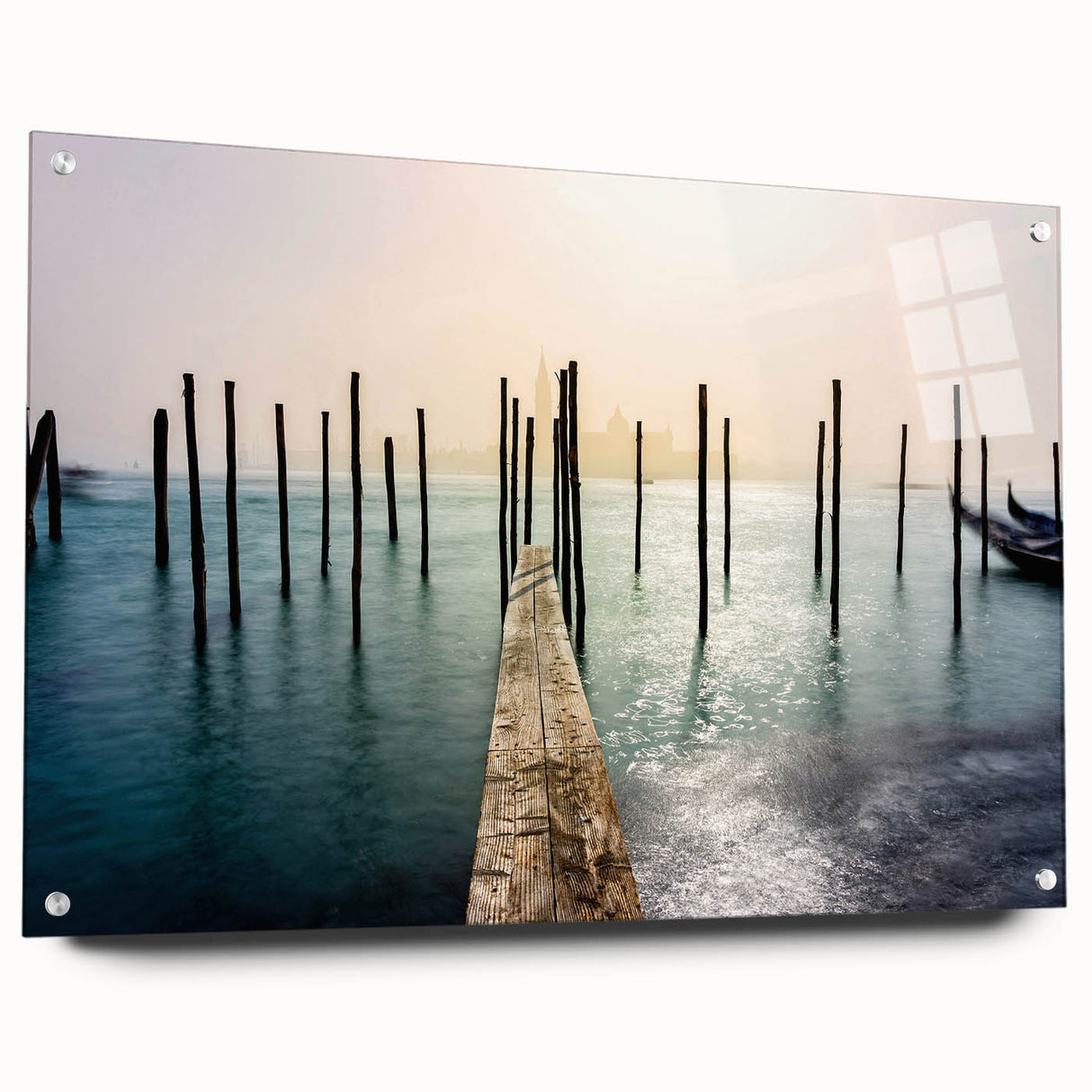 Venice scenery on acrylic glass, showcasing the canal and architecture in vibrant hues, ideal for dining room decor.