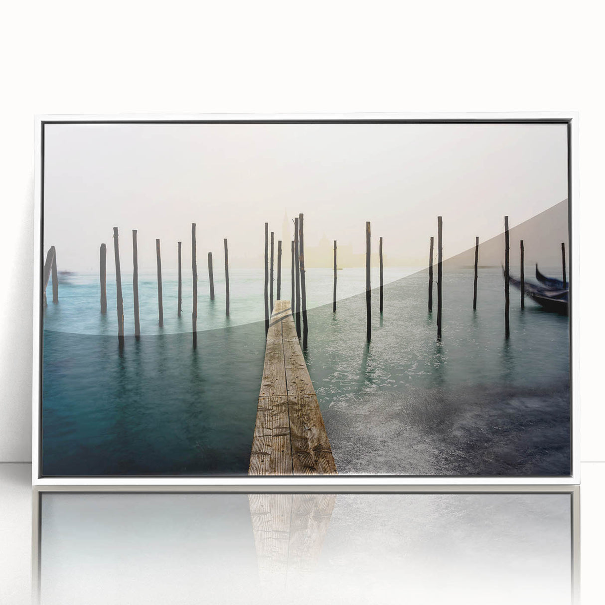 Mid-century modernist art depicting Venice scenery on a white framed acrylic, with soft pastel shades.