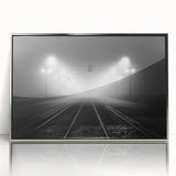 Large art print of a European scenery in Latvia with muted green and blue tones, framed in silver acrylic.