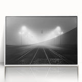 Mid-century modernist art depicting a European landscape in muted earth tones, acrylic print framed in white.