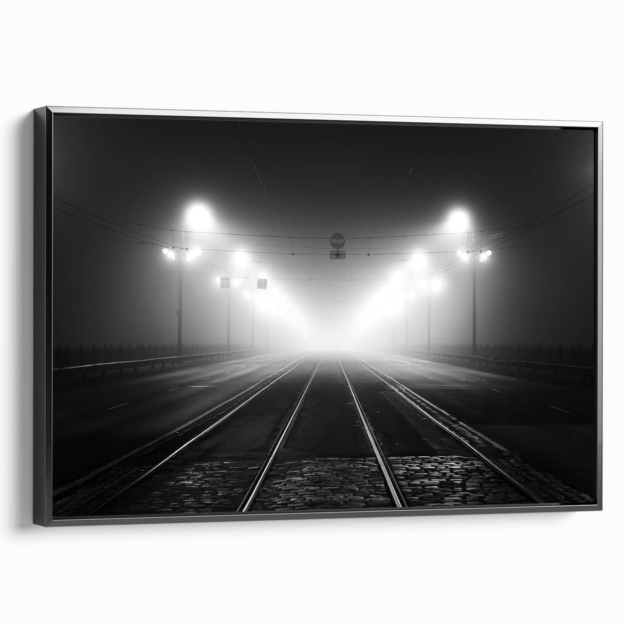 Black and white landscape art painting of a European scene on framed canvas, suited for bedroom decor.