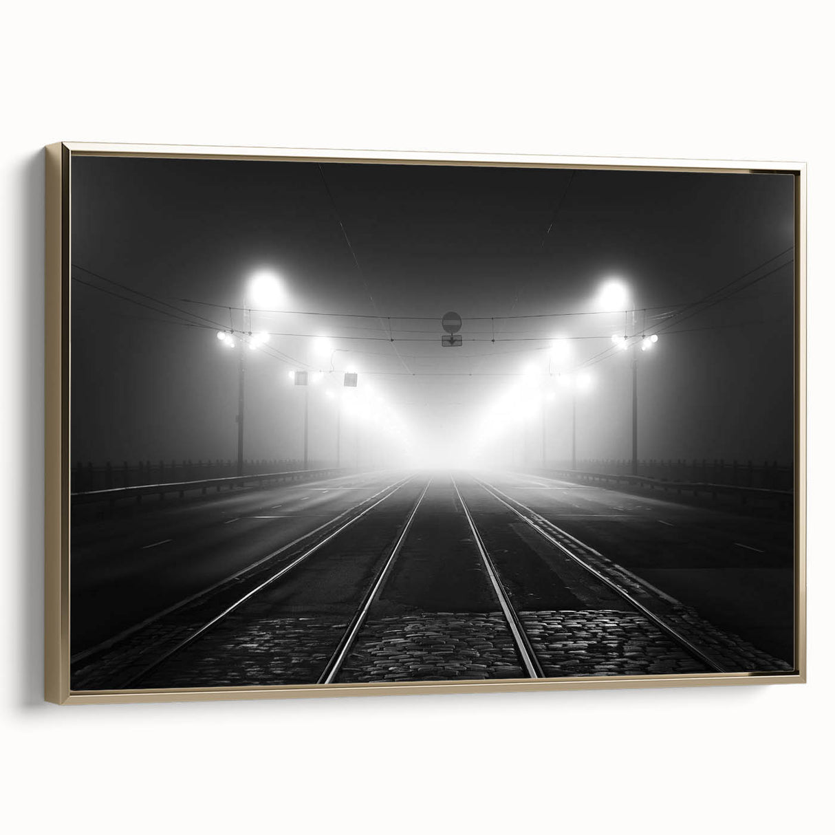Framed canvas featuring a vintage-style landscape painting of a Latvian scenery in muted gold and black tones.